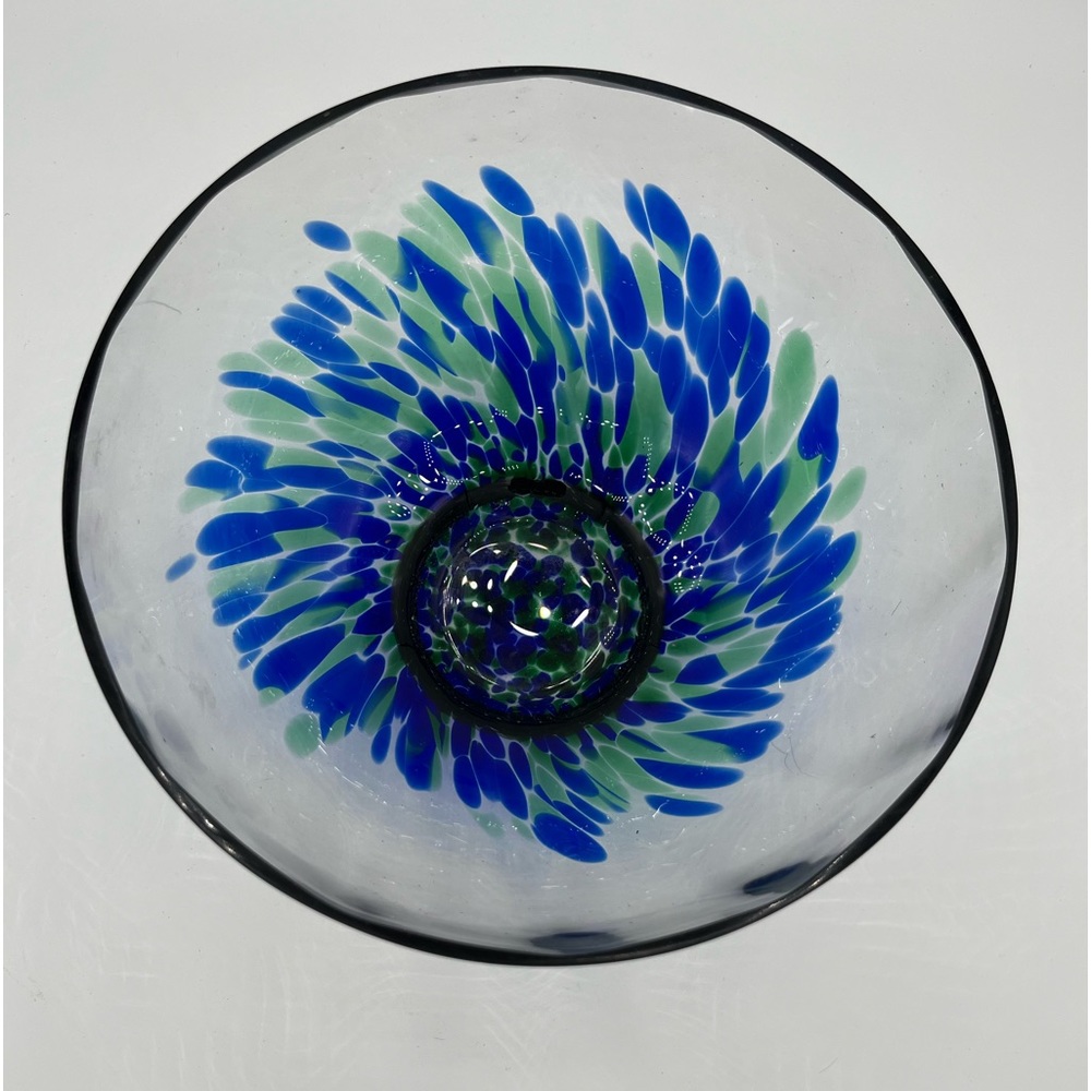 Fused Art Glass Bowl Cobalt Blue And Teal Green On Clear Glass 7.5" Excellent! - Picture 5 of 6